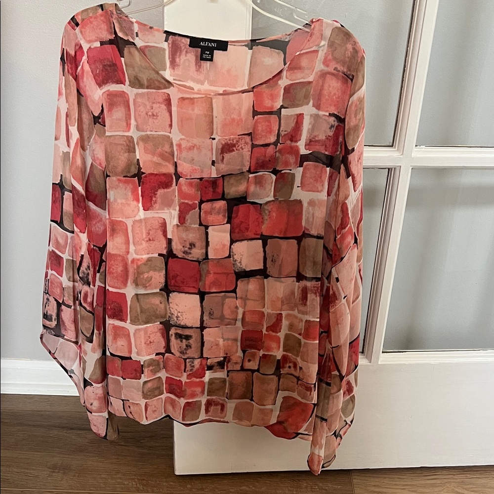 Alfani Women's Mosaic Tile Print Sheer Blouse in Pink and Brown